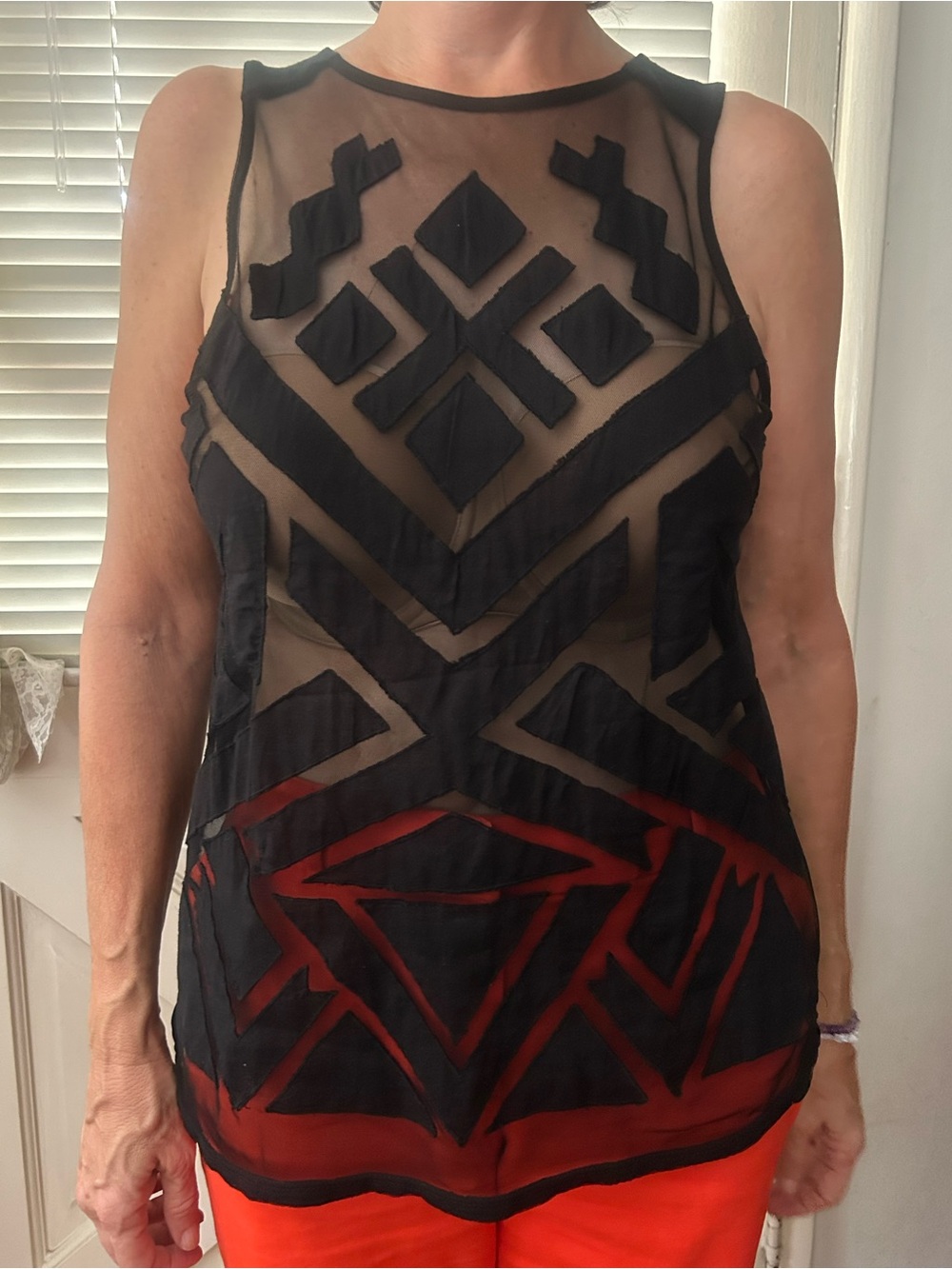 Lucky Brand Black Sheer Geometric Appliqué Tank with Red Accents